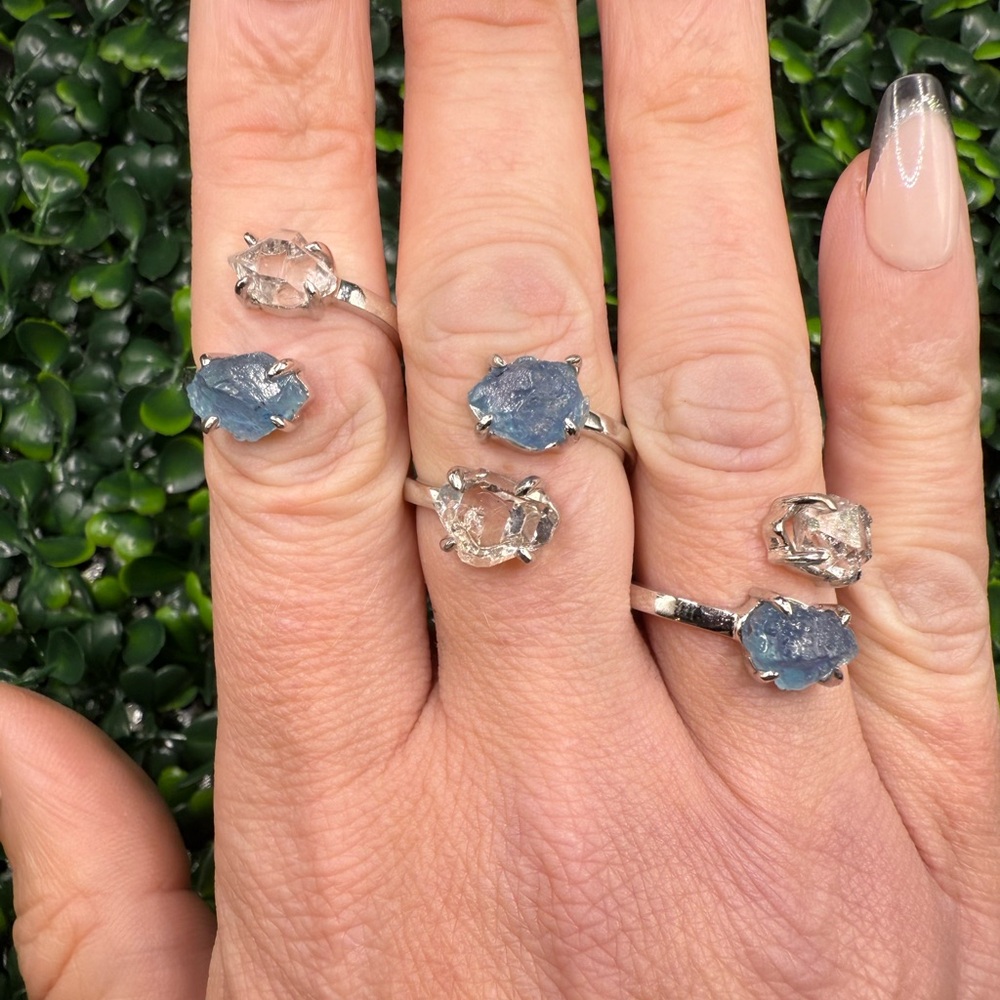 Custom Designed, Raw Aquamarine & Herkimer Diamond Ring in Sterling Silver